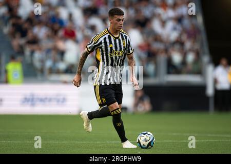 Turin, Italy. 09th Aug, 2023. Dean Huijsen of Juventus and Nicolo Cudrig of  Juventus NextGen U23 during the pre-season test match between Juventus Fc  and Juventus NextGen U23 on 09 August 2023