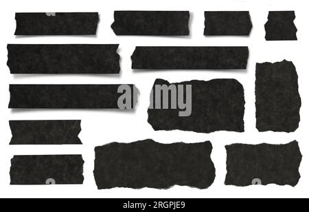 black ripped textured paper strips, scraps and tape isolated over a white background, ideal for text and messages, collage art, journaling, isolated Stock Photo