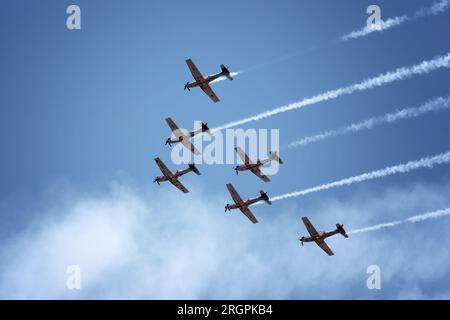 Rijeka, Croatia. 11th Aug, 2023. Aerobatic group 'Wings of Storm' (Krila oluje) performed a special flight over 18 Croatian cities in honor of the 18th birthday in Rijeka, Croatia on August 11, 2023. Photo: Nel Pavletic/PIXSELL Credit: Pixsell/Alamy Live News Stock Photo