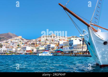 Panoramic view of Ermoupoli and Ano Syra towns in Syros island, Cyclades islands, Greece, Europe. Stock Photo