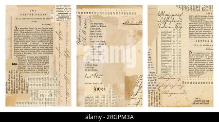 paper collage backgrounds made of antique documents with handwriting and book pages, neutral colors, ideal for ATC, mail art, journal cards, postcards Stock Photo