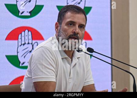 New Delhi, Delhi, India. 11th Aug, 2023. India's main opposition leader of the Indian National Congress party, Rahul Gandhi, addresses the media during a press conference at the party headquarters in New Delhi, India on August 11, 2023. (Credit Image: © Kabir Jhangiani/ZUMA Press Wire/Alamy Live News) EDITORIAL USAGE ONLY! Not for Commercial USAGE! Stock Photo