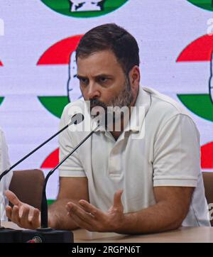 New Delhi, Delhi, India. 11th Aug, 2023. India's main opposition leader of the Indian National Congress party, Rahul Gandhi, gestures during a press conference at the party headquarters in New Delhi, India on August 11, 2023 (Credit Image: © Kabir Jhangiani/ZUMA Press Wire/Alamy Live News) EDITORIAL USAGE ONLY! Not for Commercial USAGE! Stock Photo