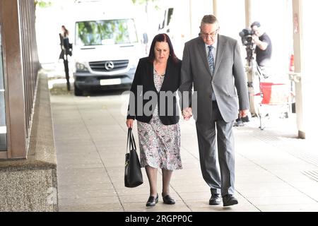 John and Susan Letby, the parents of nurse Lucy Letby, outside Manchester Crown Court ahead of the verdict in the case of the nurse who is accused of the murder of seven babies and the attempted murder of another ten, between June 2015 and June 2016 while working on the neonatal unit of the Countess of Chester Hospital. Picture date: Friday August 11, 2023. Stock Photo