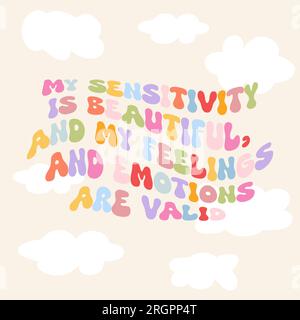 Cute motivational card or banner in retro 70s groovy style. Positive inspirational quote with colorful words and clouds on beige background. Trendy Stock Vector