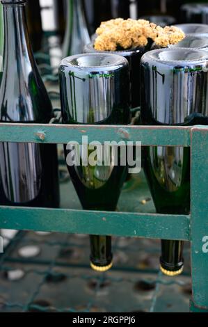 Old equipments for making champagne sparkling wine from chardonnay and pinor noir grapes in grand cru village Oger, Champagne, France Stock Photo