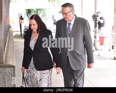 John and Susan Letby, the parents of nurse Lucy Letby, outside Manchester Crown Court ahead of the verdict in the case of the nurse who is accused of the murder of seven babies and the attempted murder of another ten, between June 2015 and June 2016 while working on the neonatal unit of the Countess of Chester Hospital. Picture date: Friday August 11, 2023. Stock Photo