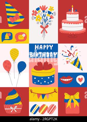 Bright Birthday greeting card. Colorful poster with symbols of holiday, celebration, anniversary. Decoration for festive event with cake, balloons, po Stock Vector