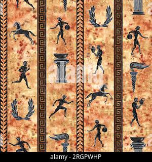 Seamless pattern with ancient Greek athletes. In the style of ancient Greek art of painting vase. Hand drawn watercolor illustration. On a textured ba Stock Photo