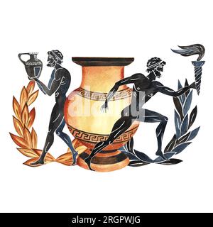 Composition with Ancient Greek Olympic elements and athletes. Amphora, laurel wreath. In the style of ancient Greek art painting. Hand drawn watercolo Stock Photo