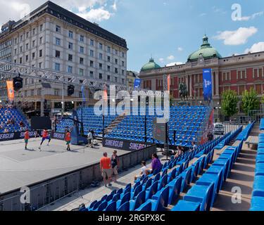 Temporary basketball arena setup in Republic Square with the National Museum behind. Belgrade, Serbia Stock Photo