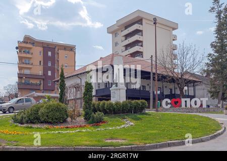 Sopot, Serbia - April 13, 2020: Monument Landmark to Djura Prokic and 3d Letters at Town Square Roundabout. Stock Photo