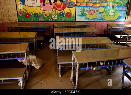 Bandarban, Bandarban Sadar, Bangladesh. 10th Aug, 2023. August 11, 2023. Chittagong, Bangladesh : Many schools in Sadar and Upazila have been damaged by floods in Bandarban, Bangladesh. Damage is becoming visible after water recedes from some schools. The school has stopped teaching students.Due to heavy rainfall for six consecutive days, the water of Sangu and Matamuhuri rivers crossed the limit, causing floods in almost all upazilas of Bandarban. (Credit Image: © Mohammed Shajahan/ZUMA Press Wire) EDITORIAL USAGE ONLY! Not for Commercial USAGE! Stock Photo