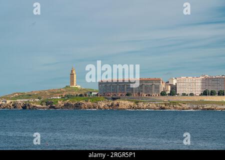 Beautiful A Coruna city. Situated in Galicia, Northwest of Spain. Travel destination. Panoramic view of the city. View of Riazor Beach and Orzán beach Stock Photo