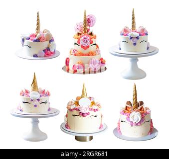 Set of beautiful birthday unicorn cakes with golden horns, eyelashes and cream cheese frosting isolated on white background, png Stock Photo