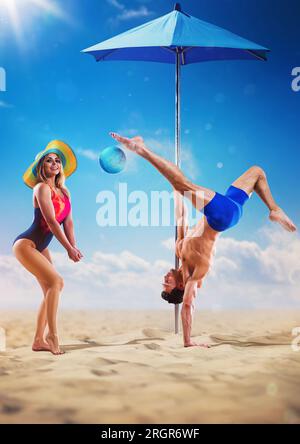 Young couple of pole dancers playing volleyball on the beach, creative concept Stock Photo