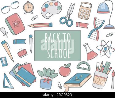 Back to school hand drawn banner. Concept of training, beginning of new school year. School stationery set of supplies and objects,doodle style vector Stock Vector
