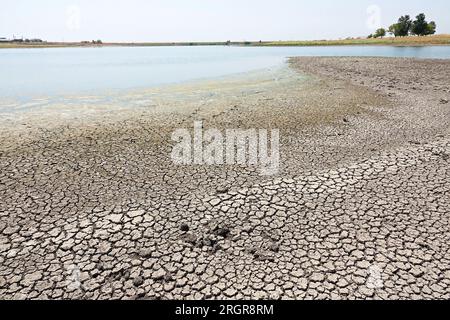 Diyarbakir, Turkey. 10th Aug, 2023. View of cracked-mud surface at Kabakli lake, whose waters are withdrawn from the extreme heat. Kabakli lake, near the city of Diyarbakir in Turkey, where hundreds of birds are sheltering, is drying up due to the effective extreme temperatures. When the waters of the lake receded about 150 meters in the last month, wild birds began to leave the area. Dicle University Faculty of Science Biology Department Head Prof. Dr. Ahmet Kilic said that there are few birds left in the lake, and if the water sources completely dry up, thousands of migratory birds may die Stock Photo