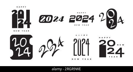 Set of 2024 Happy New Year Logo Text Design. 2024 Numbers or Labels with Black Color Isolated on White Background. New Year Symbol Stock Vector