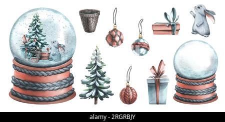 Snow globe with gift boxes, christmas tree and a cute bunny. Watercolor illustration, hand drawn. Set of isolated elements on a white background. Stock Photo