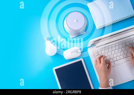 Li-Fi fast internet wireless connection concept, new lightening device, LED lamps energy-efficient data transmission communication technology. Unrecog Stock Photo