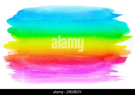 Bright rainbow watercolor brush stroke with smooth gradient layers creating a colorful artistic background. Stock Photo