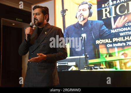 August 11, 2023, New Delhi, India: Ricky Kej, a three-time Grammy Award-winning and thrice Grammy nominated Indian music composer and environmentalist during s media interaction about his collaboration to perform the national anthem of India ''Jana Gana Mana'' with the Royal Philharmonic Orchestra consisting of 100-member set of musicians to mark the 76th Independence day of the country. (Credit Image: © Sondeep Shankar/Pacific Press via ZUMA Press Wire) EDITORIAL USAGE ONLY! Not for Commercial USAGE! Stock Photo