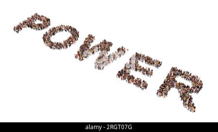 Conceptual large community of people forming the word POWER . 3d illustration metaphor for strength, sport,  confidence, leadership, responsibity Stock Photo