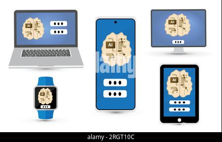 Brain with circuits and with the word AI on different devices, artificial intelligence concept Stock Vector