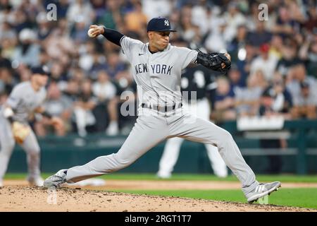 Chicago, USA. 08th Aug, 2023. New York Yankees catcher Kyle Higashioka (66)  hits a home run in the eighth inning during a MLB regular season game  between the New York Yankees and