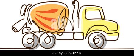 Concrete mixer truck in sketch style. Continuous one line drawing Stock Vector