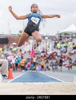 August 3, 2023: Tia Noble of Richmond Elite Youth Track Club competes in the Girls Long Jump 15-16years old division in the 2023 AAU Junior Olympic Games at Drake Stadium on the campus of Drake University in Des Moines, Iowa. Prentice C. James/CSM Stock Photo