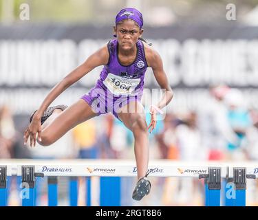 August 3, 2023: Kamryn Mcclellan of H-Town Hurricanes Youth Track Club wins the Girls 80 Meter Hurdles 12 years old division in the 2023 AAU Junior Olympic Games at Drake Stadium on the campus of Drake University in Des Moines, Iowa. Prentice C. James/CSM Stock Photo