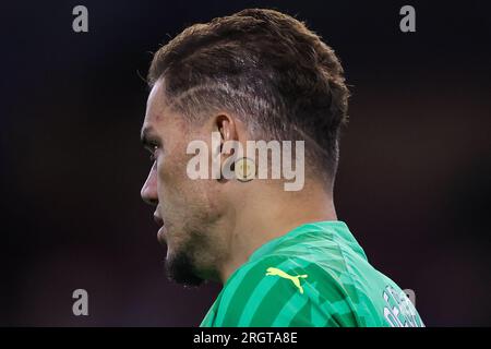 Ederson of Manchester City smiley face tattoo during the Premier League match Burnley vs Manchester City at Turf Moor, Burnley, United Kingdom, 11th August 2023  (Photo by Mark Cosgrove/News Images) Stock Photo