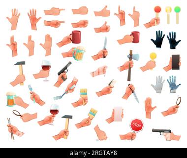 Human hands with items set. Gestures are different. Fun cartoon style. Isolated on white background. Vector Stock Vector