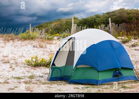 A camping tent near sand dunes at Assateague Island National Seashore, Maryland Stock Photo