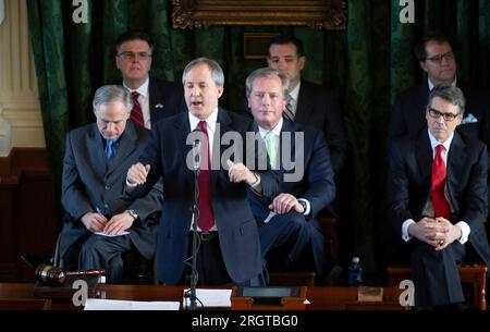 Elected Texas Attorney General KEN PAXTON speaks after being sworn into office on January 5, 2015. Paxton, now on leave from his post after 8 years in office, is facing impeachment charges in the Texas Senate in September for alleged abusing his office for personal gain. ©Bob Daemmrich Stock Photo