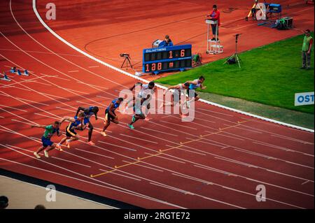 OSTRAVA, CZECHIA, JUNE 27, 2023: 100m Sprint Male Race Visualized During Track and Field Meet for Worlds in Budapest and Summer olympic Games in Paris Stock Photo