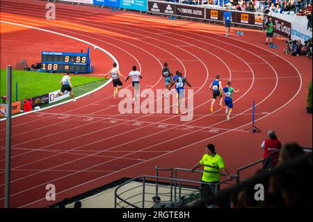 OSTRAVA, CZECHIA, JUNE 27, 2023: Sprint Male Race Culmination at Track and Field Gathering for Worlds in Budapest and Games in Paris Stock Photo