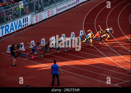 OSTRAVA, CZECHIA, JUNE 27, 2023: Sprint start at Track and Field Contest for Worlds in Budapest and Games in Paris Stock Photo
