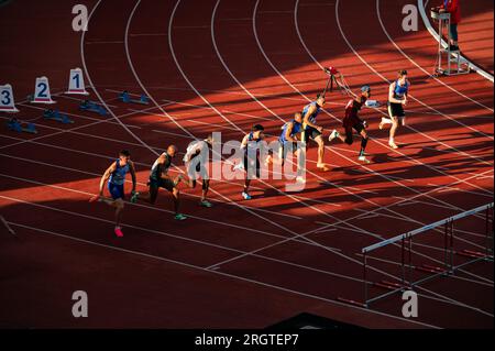 OSTRAVA, CZECHIA, JUNE 27, 2023: 110m Hurdles Race Captured in Track and Field Meet for Worlds in Budapest and Games in Paris Stock Photo