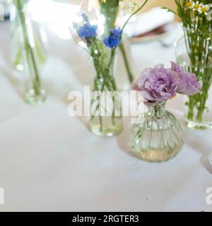 A large table with a white tablecloth is served with china, with hydrangea and other flowers in large vases. Stock Photo