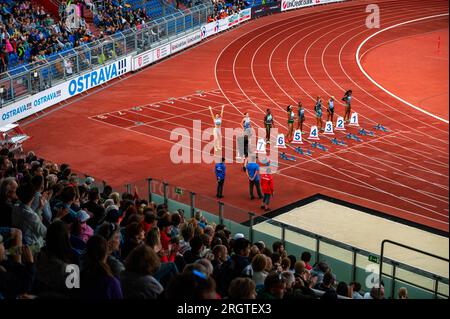 OSTRAVA, CZECHIA, JUNE 27, 2023: Female Sprinters at 100m Hurdles Race Start Line in Track and Field Event for Worlds in Budapest and Games in Paris Stock Photo