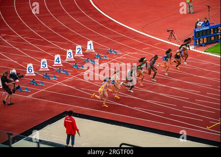 OSTRAVA, CZECHIA, JUNE 27, 2023: Female Sprinters Competing in 100m Hurdles Race: Track and Field Athletes Navigate Obstacles for Worlds in Budapest a Stock Photo