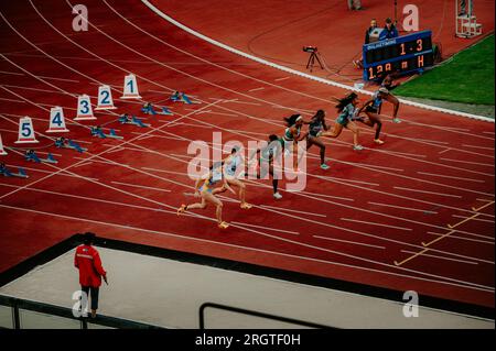 OSTRAVA, CZECHIA, JUNE 27, 2023: Women Participate in 100m Hurdles Sprint at Track and Field Championship for Worlds in Budapest and Games in Paris Stock Photo