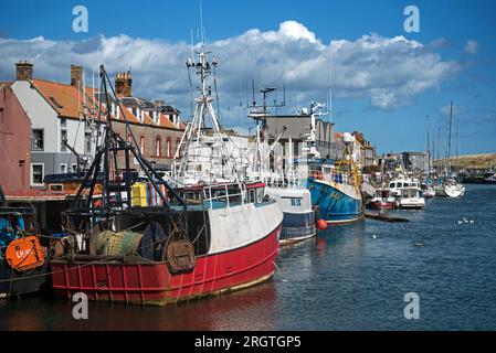 View along the quayside of fishing boats docked in Eyemouth Harbour, Berwickshire, Scotland, UK. Stock Photo