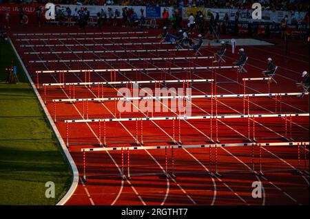 B. BYSTRICA, SLOVAKIA, JULY 20, 2023: Track and Field Photo. Hurdles Positioned in Anticipation of Track and Field Competition on the Stage for Worlds Stock Photo