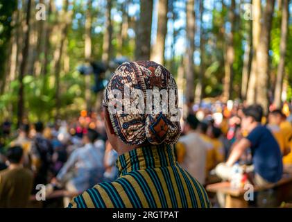 A colorful Blangkon, a traditional Javanese headgear worn by men and made of batik fabric. Stock Photo