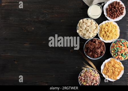 Various  Breakfast Cereal on Bowl with Fresh Milk, Copy Space for Text Stock Photo