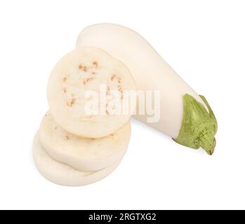 Whole and cut white eggplants isolated on white Stock Photo